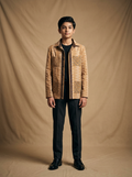 Boys wearing beige tribal hand block printed cotton shacket front view