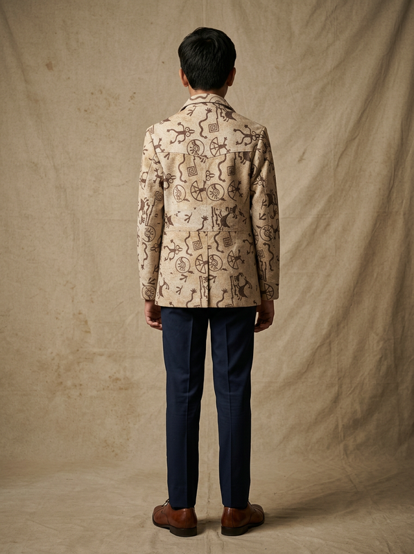 Boys wearing ivory tribal hand block printed cotton shacket full view