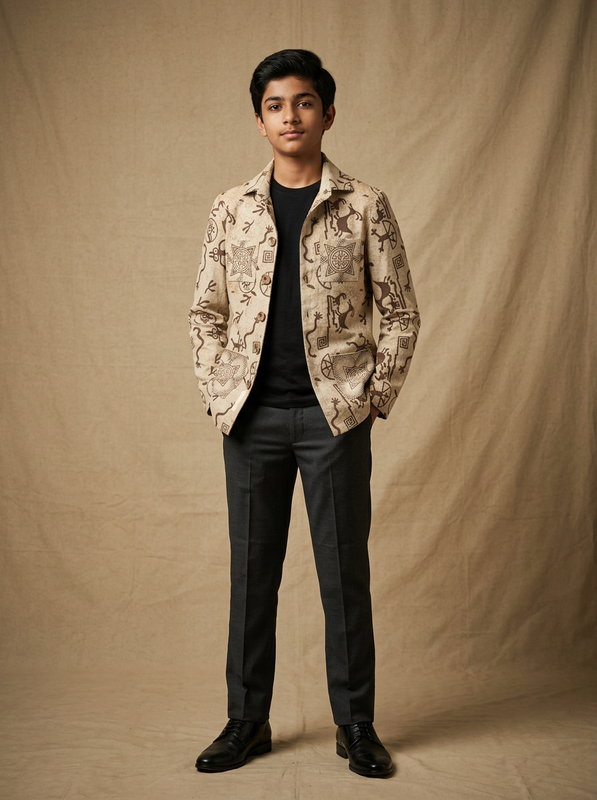Boys wearing ivory tribal hand block printed cotton shacket front view