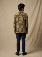 Boys wearing olive tribal hand block printed cotton shacket full view