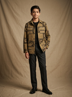 Boys wearing olive tribal hand block printed cotton shacket front view