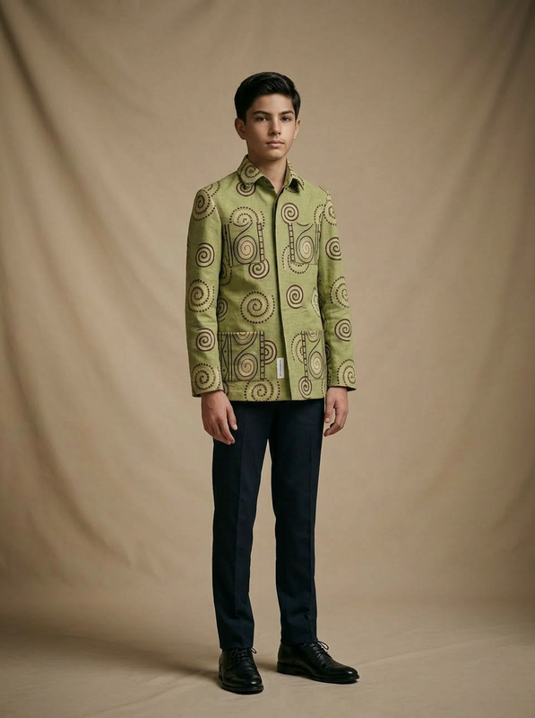 Boy wearing sage green hand block printed tribal spiral cotton shacket front view