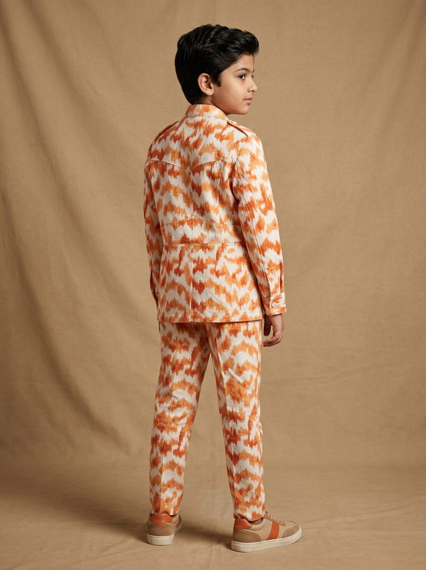 Boy wearing orange white ikat ikat chevron print cotton heritage co-ord set back view | NEW AGE CLOTHING