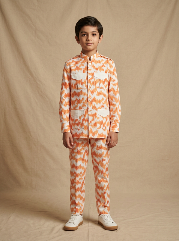 Boy wearing orange white ikat ikat chevron print cotton heritage co-ord set front view | NEW AGE CLOTHING