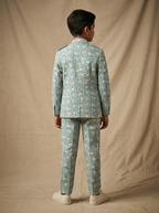 Boy wearing teal floral medallion floral medallion block print cotton heritage co-ord set back view | NEW AGE CLOTHING