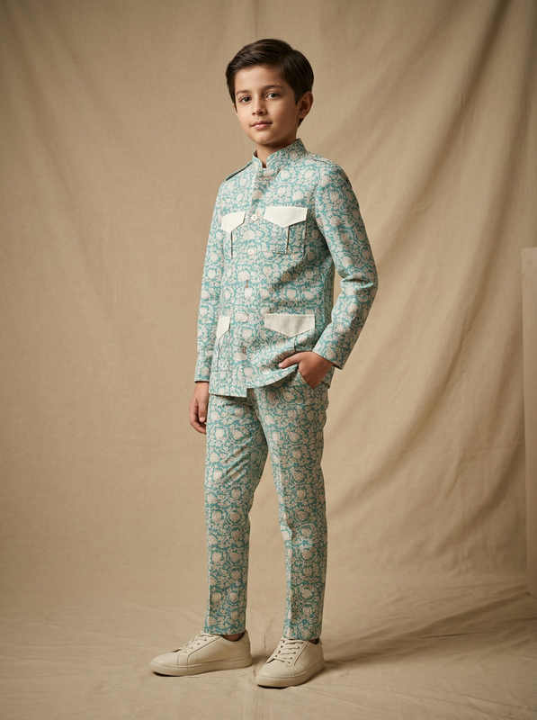 Boy wearing teal floral medallion floral medallion block print cotton heritage co-ord set front view | NEW AGE CLOTHING