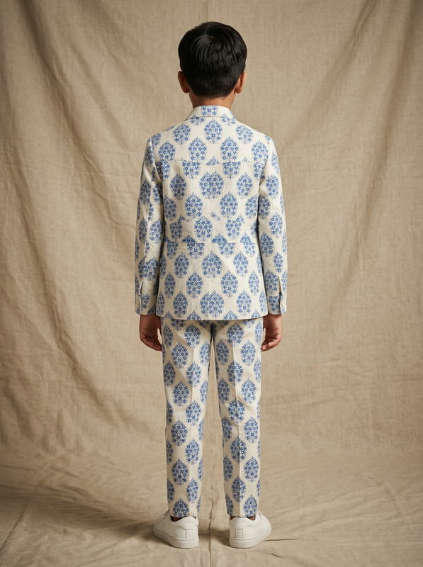 Boy wearing blue cream damask damask arabesque print cotton heritage co-ord set back view | NEW AGE CLOTHING