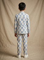 Boy wearing blue cream damask damask arabesque print cotton heritage co-ord set back view | NEW AGE CLOTHING