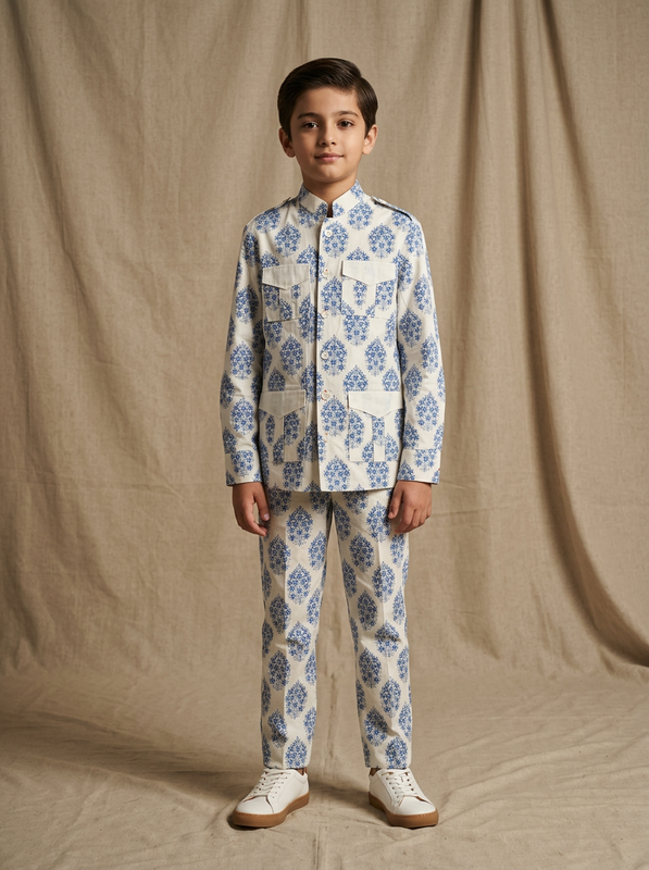 Boy wearing blue cream damask damask arabesque print cotton heritage co-ord set front view | NEW AGE CLOTHING