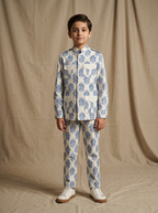 Boy wearing blue cream damask damask arabesque print cotton heritage co-ord set front view | NEW AGE CLOTHING