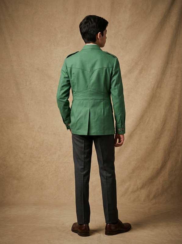 Boy wearing forest green cotton canvas hunter jacket back view | NEW AGE CLOTHING