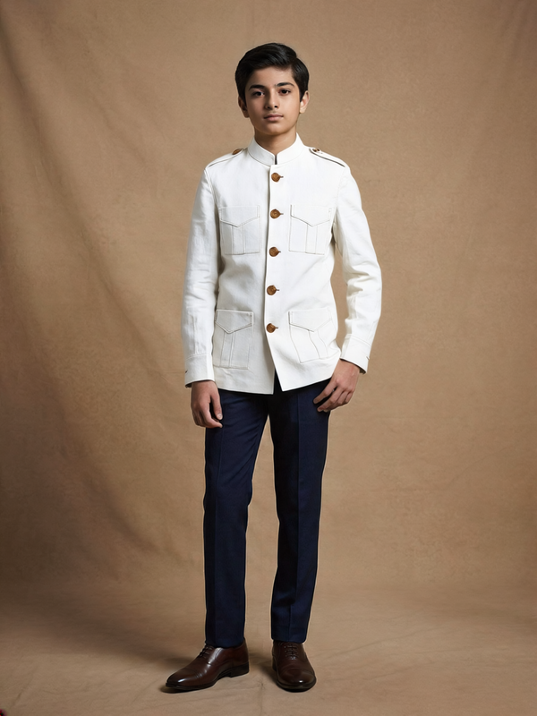 Boy wearing ivory white cotton canvas hunter jacket front view | NEW AGE CLOTHING