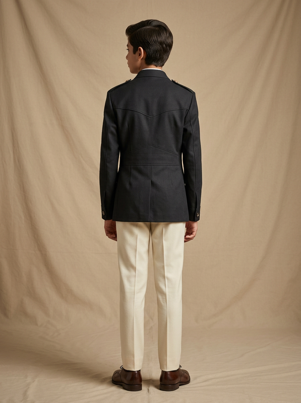 Boy wearing navy black cotton canvas hunter jacket back view | NEW AGE CLOTHING