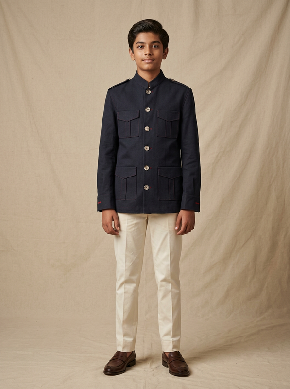 Boy wearing navy black cotton canvas hunter jacket front view | NEW AGE CLOTHING