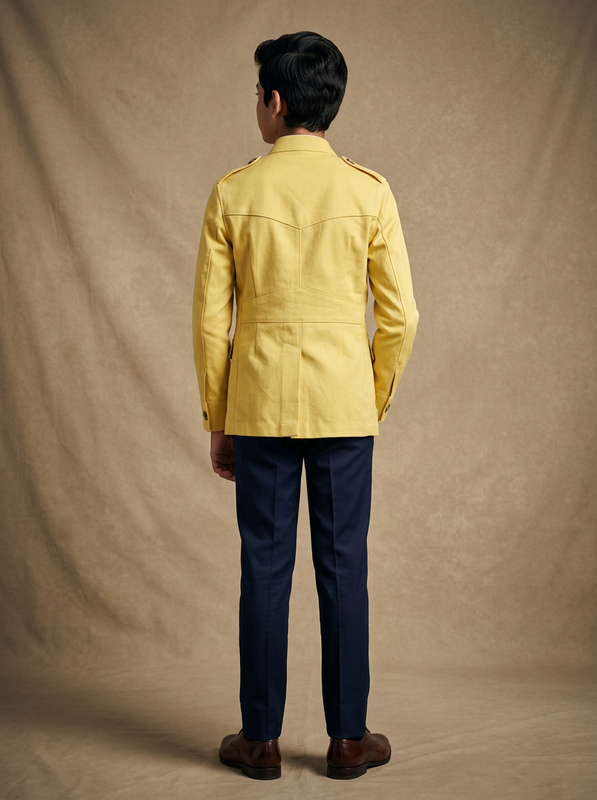 Boy wearing sunshine yellow cotton canvas hunter jacket back view | NEW AGE CLOTHING