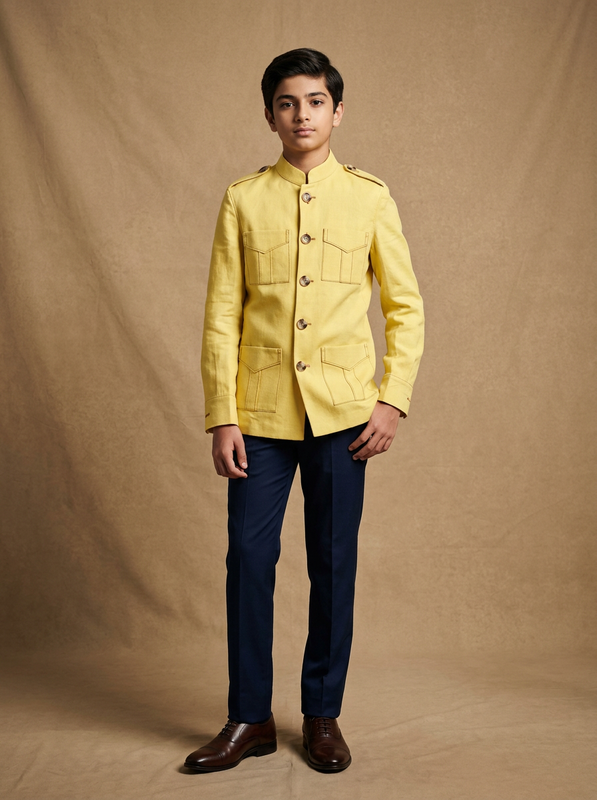 Boy wearing sunshine yellow cotton canvas hunter jacket front view | NEW AGE CLOTHING