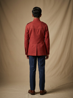 Boy wearing brick red cotton canvas hunter jacket back view | NEW AGE CLOTHING