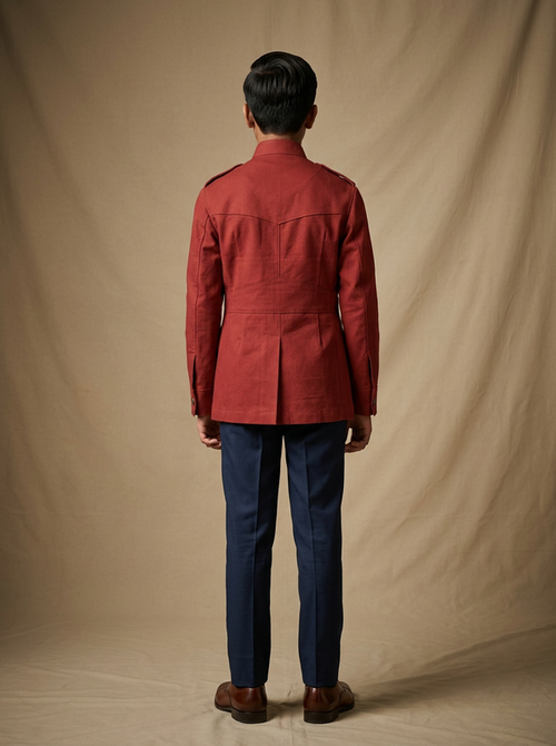 Boy wearing brick red cotton canvas hunter jacket back view | NEW AGE CLOTHING