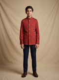 Boy wearing brick red cotton canvas hunter jacket front view | NEW AGE CLOTHING