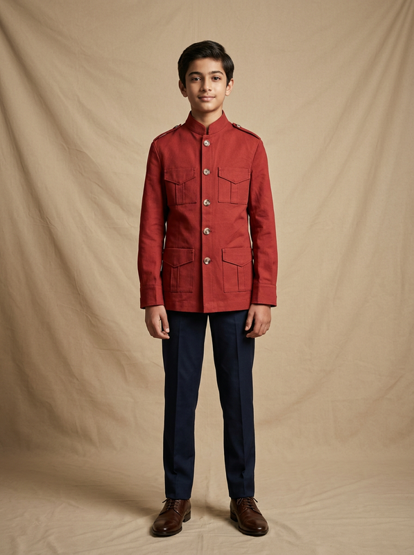 Boy wearing brick red cotton canvas hunter jacket front view | NEW AGE CLOTHING
