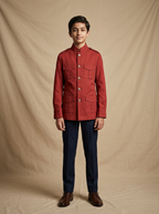 Boy wearing brick red cotton canvas hunter jacket front view | NEW AGE CLOTHING