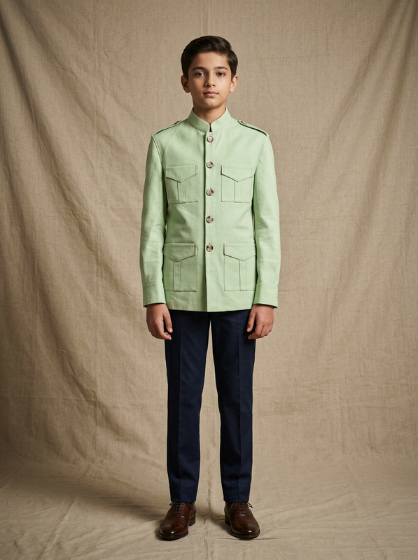 Boy wearing mint green cotton canvas hunter jacket front view | NEW AGE CLOTHING