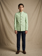 Boy wearing mint green cotton canvas hunter jacket front view | NEW AGE CLOTHING