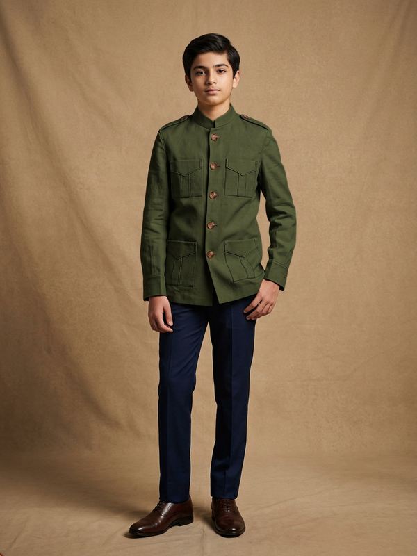 Boy wearing olive green cotton canvas hunter jacket front view | NEW AGE CLOTHING
