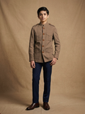 Boy wearing khaki brown cotton canvas hunter jacket front view | NEW AGE CLOTHING