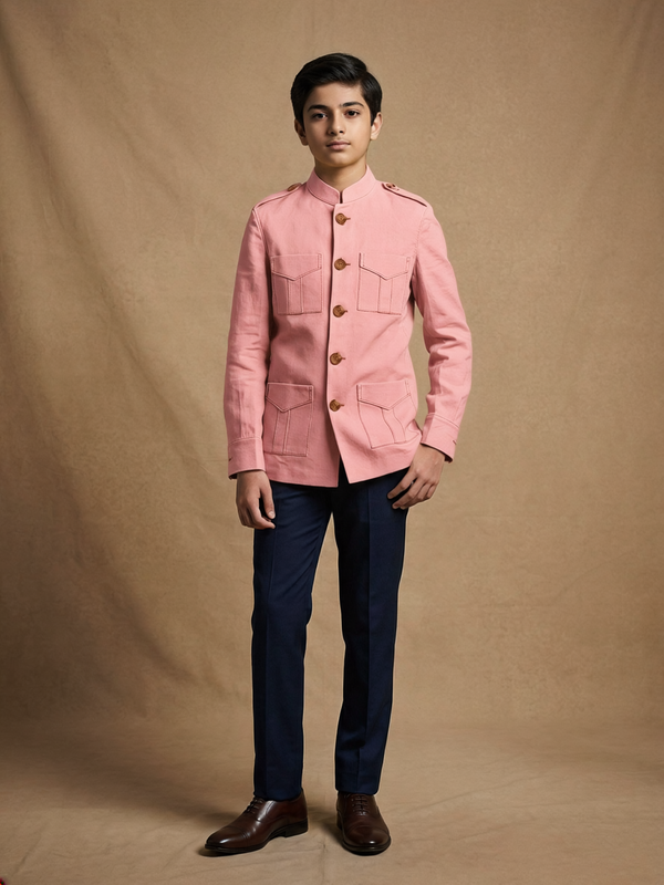 Boy wearing dusty rose cotton canvas hunter jacket front view | NEW AGE CLOTHING