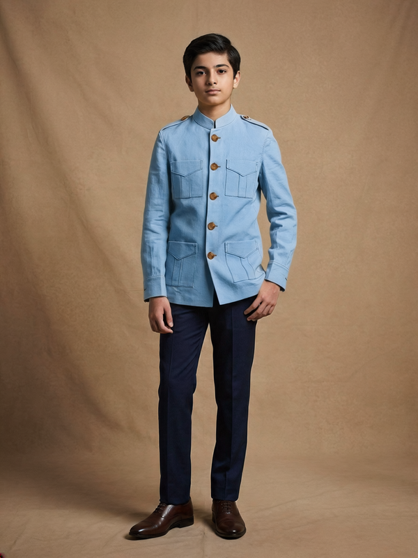 Boy wearing powder blue cotton canvas hunter jacket front view | NEW AGE CLOTHING