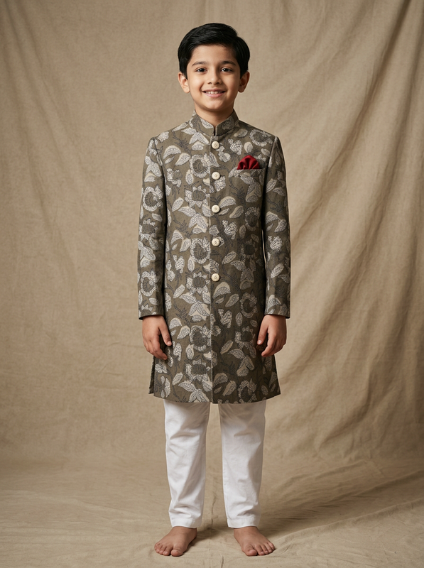 Boy wearing grey off white floral hand block printed indo western kurta with off-white pajama front view