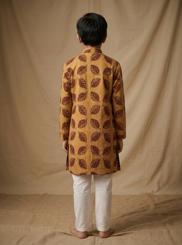 Boy wearing mustard rust leaf hand block printed indo western kurta with off-white pajama back view