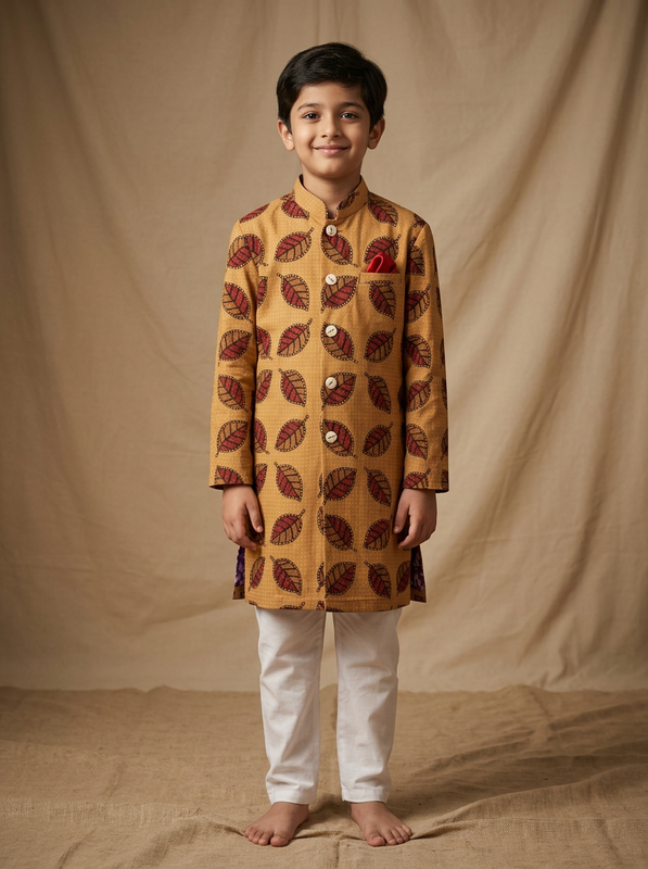 Boy wearing mustard rust leaf hand block printed indo western kurta with off-white pajama front view