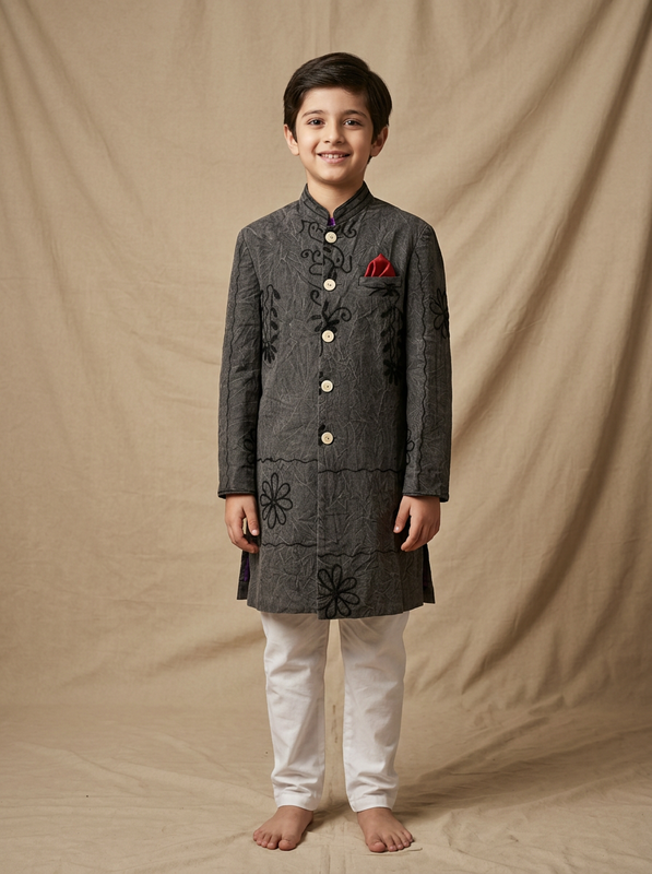 Boy wearing charcoal black machine embroidered floral vine cotton indo western kurta with off-white pajama front view