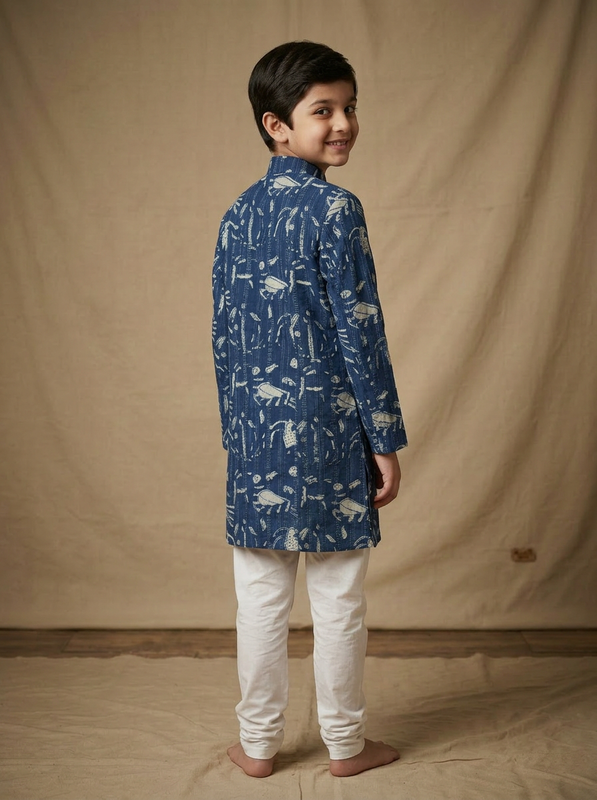 Boy wearing indigo blue hand block printed abstract nature cotton indo western kurta with off-white pajama back view
