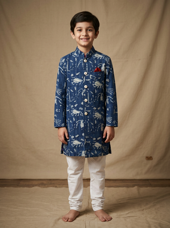 Boy wearing indigo blue hand block printed abstract nature cotton indo western kurta with off-white pajama front view