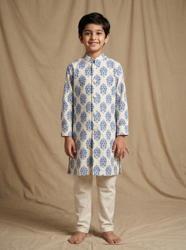 Boy wearing white blue floral medallion hand block printed indo western kurta with off-white pajama front view