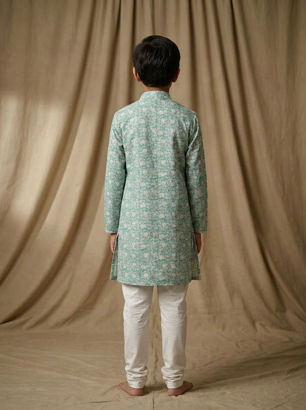 Boy wearing aqua white floral lotus hand block printed indo western kurta with off-white pajama back view