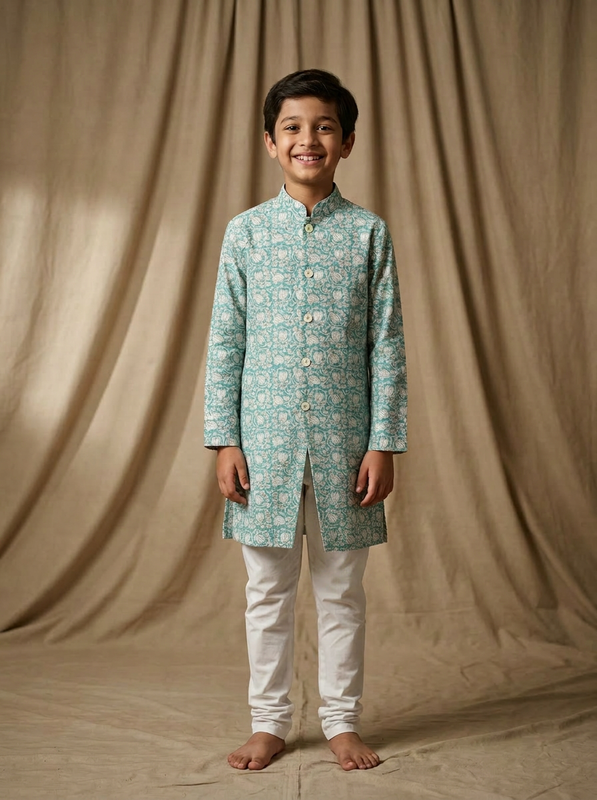 Boy wearing aqua white floral lotus hand block printed indo western kurta with off-white pajama front view