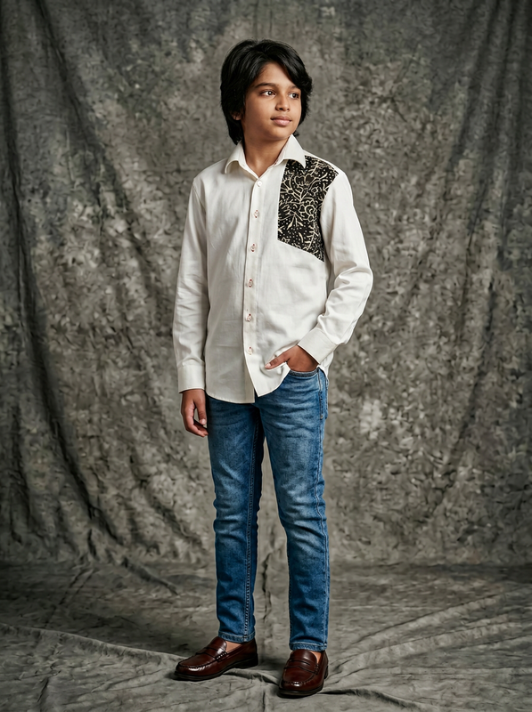 Boy wearing white cotton shirt with black and gold block printed diagonal chest panel front view