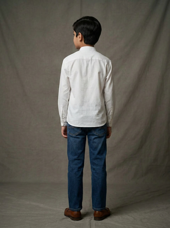 Boys White Cotton Patch Shirt with Blue Yellow Geometric Maze Print