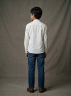 Boys White Cotton Patch Shirt with Blue Yellow Geometric Maze Print