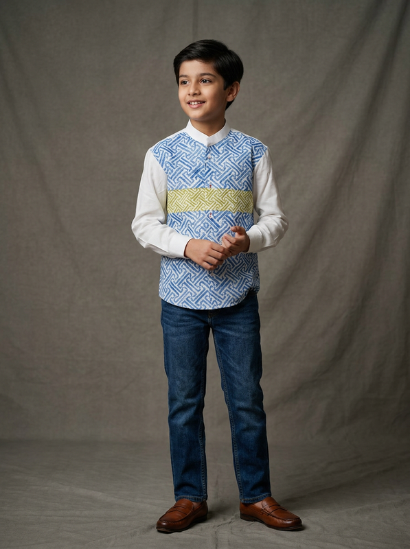 Boy wearing white cotton patch shirt with blue and yellow geometric maze print panels and mandarin collar front view