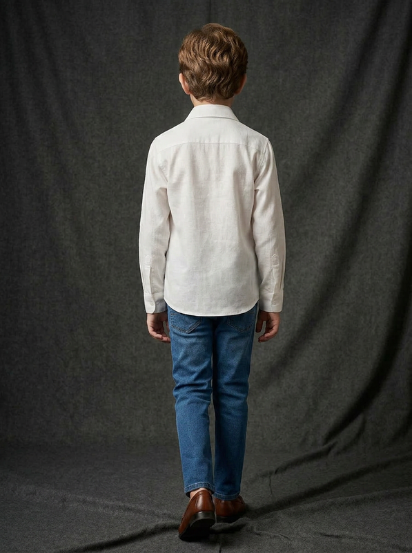 Boys White Cotton Shirt with Beige Grey Hibiscus Floral Printed Panel