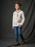 Boy wearing white cotton shirt with beige and grey hibiscus floral printed contrast panel front view