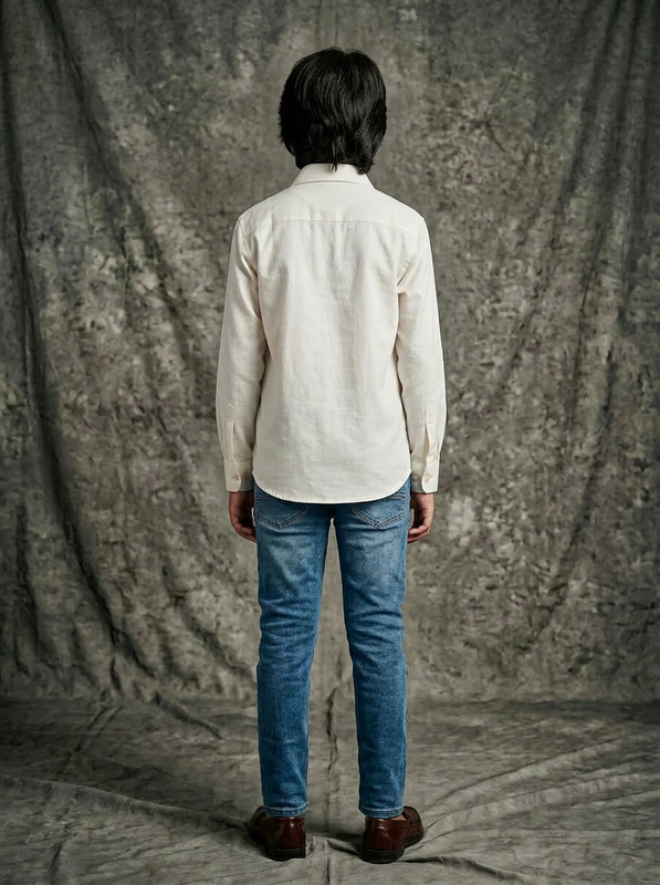 Boys White Cotton Shirt with Black Gold Block Printed Diagonal Chest Panel