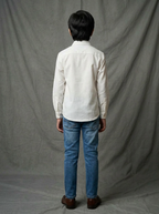 Boys White Cotton Shirt with Navy Multicolour Circle Dot Printed Yoke Panel