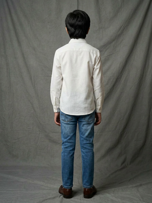 Boys White Cotton Shirt with Navy Multicolour Circle Dot Printed Yoke Panel