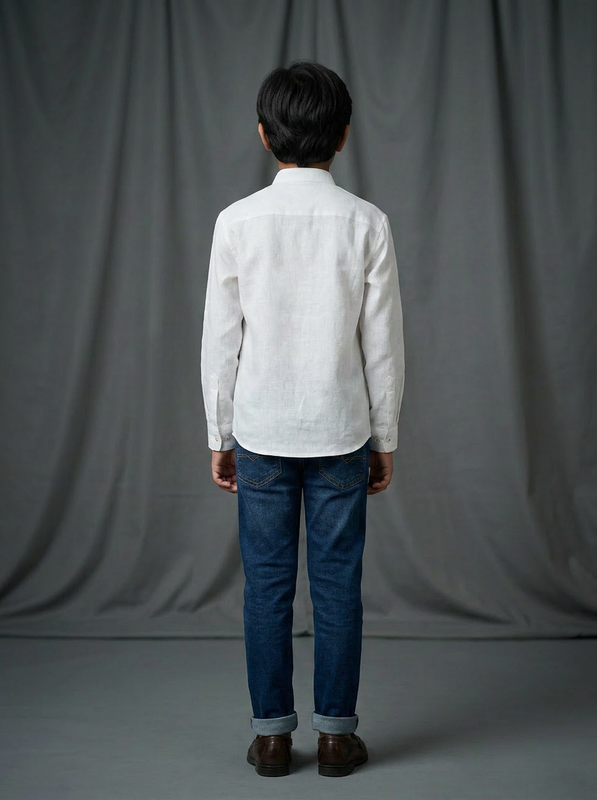Boys White Cotton Shirt with Dual Vertical Floral Stripe Panels & Mandarin Collar